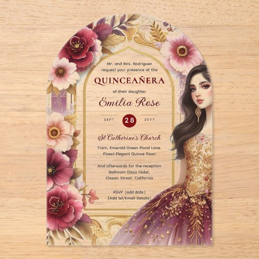 キンセアニラブルガンディレッド金ゴールドクリンスドレスフラワー アクリル招待状 (正面)