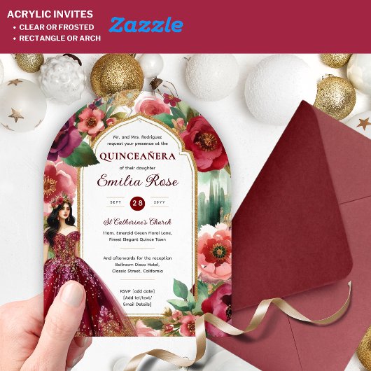 キンセアニラブルガンディレッド金ゴールドクリンスドレスフラワー アクリル招待状