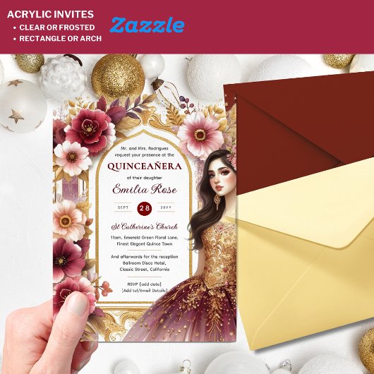 キンセアニラブルガンディレッド金ゴールドクリンスドレスフラワー アクリル招待状