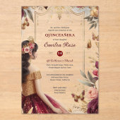 キンセアニラブルガンディレッド金ゴールドクリンスドレスフラワー アクリル招待状 (正面)