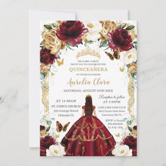 キンセアニラブルゴーニュアイボリーフローラヴィンテージ金ゴールド 招待状 (正面)