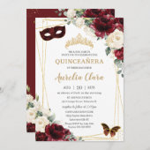 キンセアニラブルゴーニュアイボリーフローラ蝶マスク 招待状 (正面/裏面)