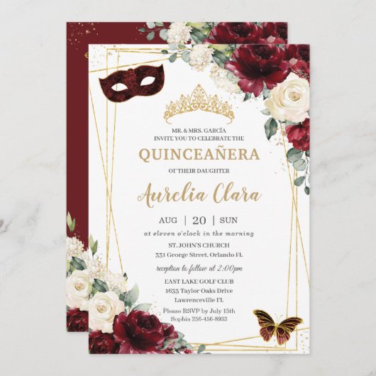 キンセアニラブルゴーニュアイボリーフローラ蝶マスク 招待状 (正面/裏面)