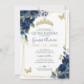 キンセアニラブルーウォーターカラーフローラ金ゴールド蝶 招待状 (正面)