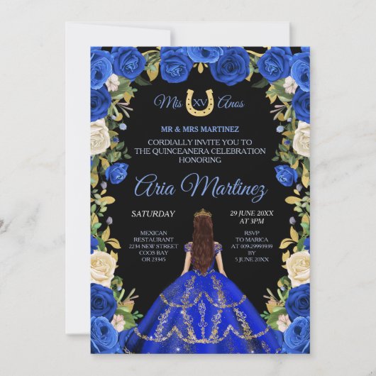 キンセアニラブルーバラフローラブラックバックグラウンドイン 招待状 (正面)