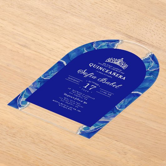 キンセアニラブルー王室のシルバーアゲートエレガントト アクリル招待状 (レイダウン)