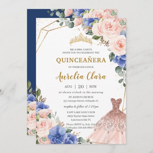 キンセアニラブルー王室の赤面フローラボールガウン 招待状 (正面/裏面)