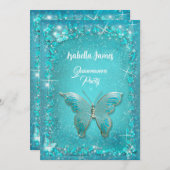 キンセアニラブルー15歳の誕生日ターコイズ蝶 招待状 (正面/裏面)