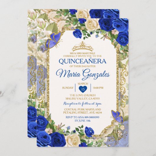 キンセアニラブルー&金ゴールドクラウンメキシコバタフライ 招待状 (正面/裏面)