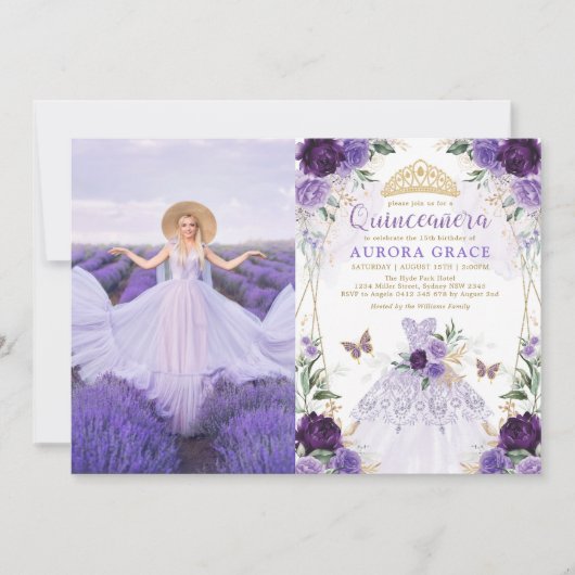 キンセアニラプリンセスドレスパープルフラワーフォト 招待状 (正面)