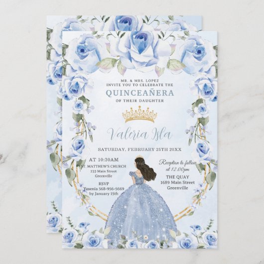 キンセアニラベビーブルーフローラプリンセスドレス金ゴールド 招待状 (正面/裏面)