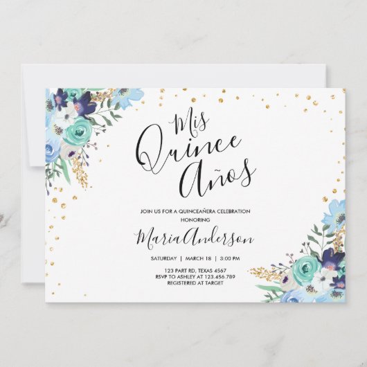 キンセアニラミクリンスアニョスブルーフローラ誕生日 招待状 (正面)