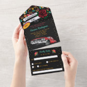 キンセアニラメキシカンフィエスタフローラ赤いローライダー オールインワン招待状 (貼ってはがせる)