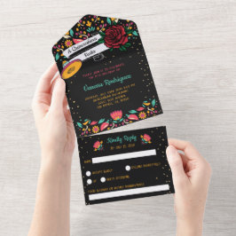 キンセアニラメキシカンフィエスタモダンフローラレッドローズ オールインワン招待状