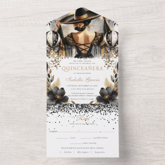 キンセアニララグジュアリーブラック金ゴールドメキシコスタイルrsvp オールインワン招待状 (内側)