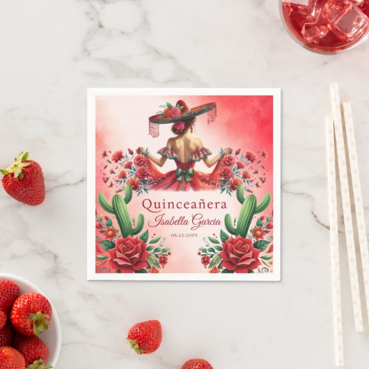 キンセアニラレッドウォーターカラーメキシコガール スタンダードカクテルナプキン (インサイチュ)