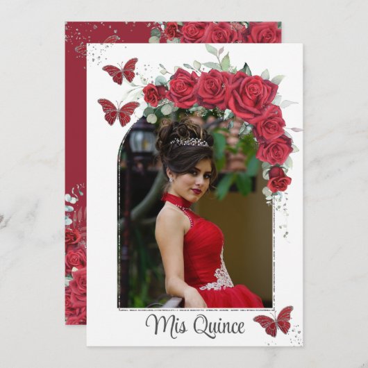 キンセアニラレッドフローラバラ蝶の写真 招待状 (正面/裏面)