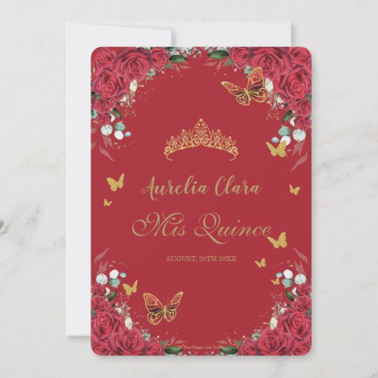 キンセアニラレッドフローラヴィンテージ金ゴールド蝶 招待状 (裏面)