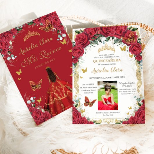 キンセアニラレッドローゼスフローラヴィンテージ金ゴールド写真 招待状