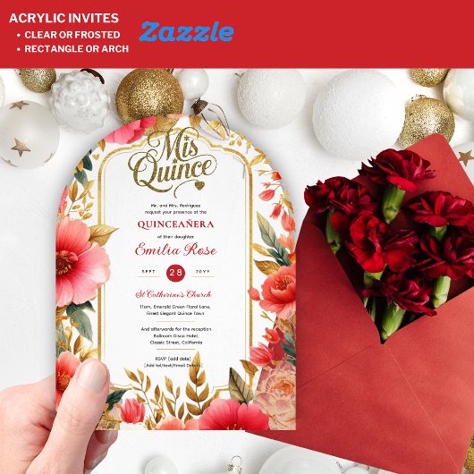 キンセアニラレッド金ゴールドミクリンバラ花 アクリル招待状