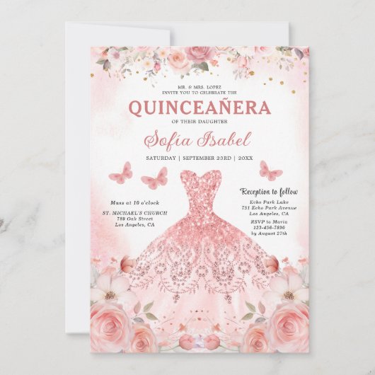 キンセアニラ写真赤面ピンクローズフローラ 招待状 (正面)