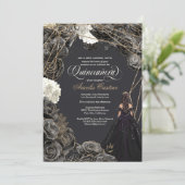 キンセアニラ招待状 – ブラック&金ゴールドバラ、ガウン 招待状 (スタンド正面)