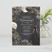 キンセアニラ招待状 – ブラック&金ゴールドバラ、ガウン 招待状 (スタンド正面)