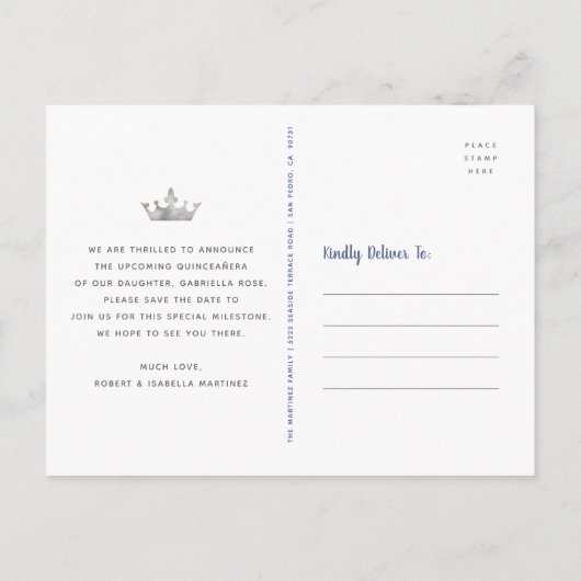 キンセアニラ救デートネイビーシルバーグリッタークラウン インビテーションポストカード (裏面)