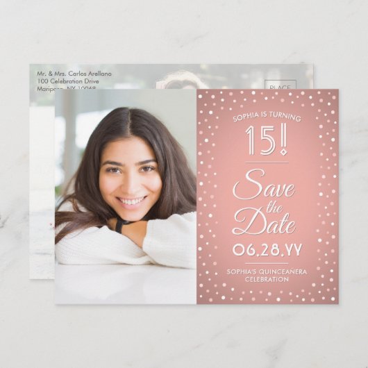 キンセアニラ日付を保存2フォトピンク紙吹雪 インビテーションポストカード (正面/裏面)