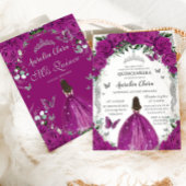 キンセアニラ明るい赤紫色バラフローラヴィンテージシルバー 招待状