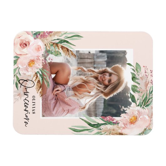 キンセアニラ淡い色のピンクガーリーフローラ誕生日 マグネット (横)
