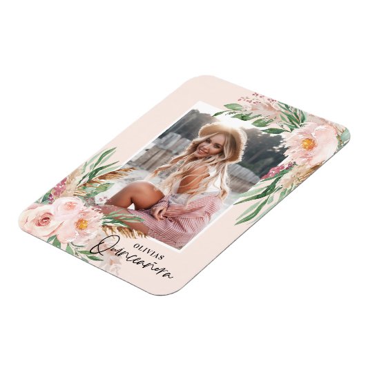 キンセアニラ淡い色のピンクガーリーフローラ誕生日 マグネット (左側)