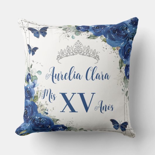 キンセアニラ王室のブルーフローラシルバー蝶 クッション (正面)
