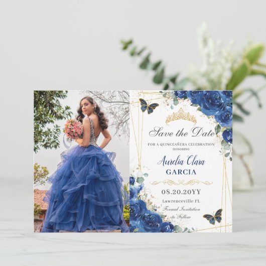 キンセアニラ王室のブルーフローラ蝶誕生日 セーブザデート (スタンド正面)