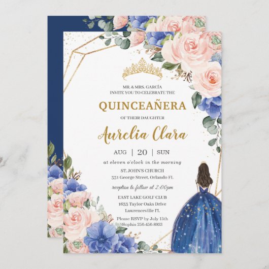 キンセアニラ王室のブルー赤面フローラ金ゴールドプリンセス 招待状 (正面/裏面)