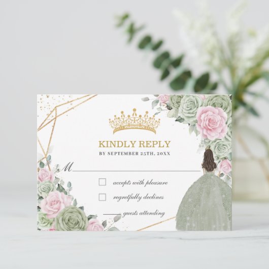 キンセアニラ誕生日セージグリーンソフトピンクフローラ 出欠カード (スタンド正面)