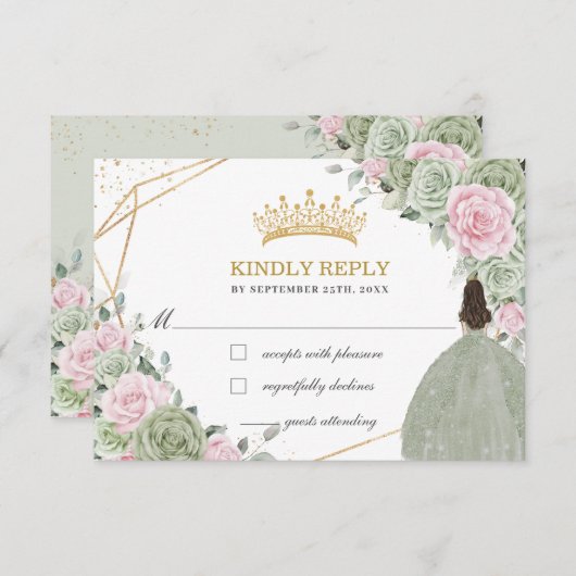 キンセアニラ誕生日セージグリーンソフトピンクフローラ 出欠カード (正面/裏面)