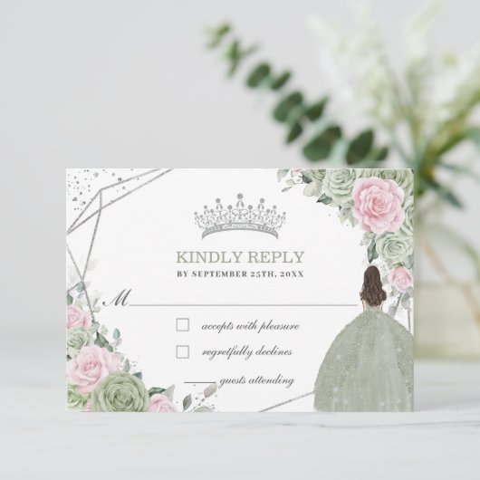 キンセアニラ誕生日セージグリーンソフトピンクフローラ 出欠カード (スタンド正面)