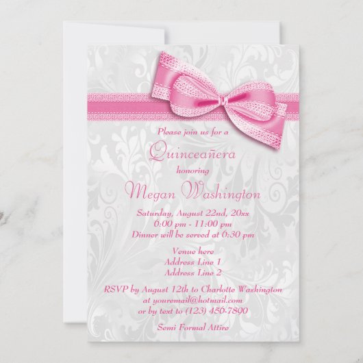 キンセアニラ誕生日ダマスクアンドピンクフェイクボウ 招待状 (裏面)