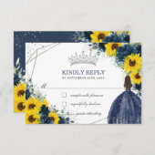 キンセアニラ誕生日ネイビーブルーサンフラワーフローラ 出欠カード (正面/裏面)