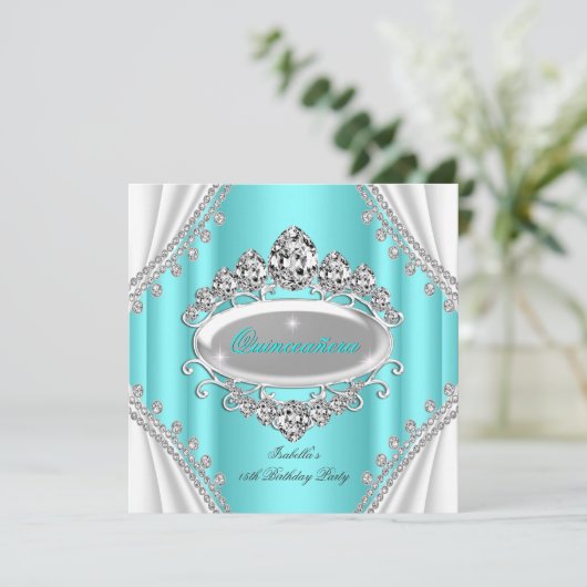 キンセアニラ誕生日プリンセスティール（緑がかった色）ダイヤモンド 招待状 (スタンド正面)