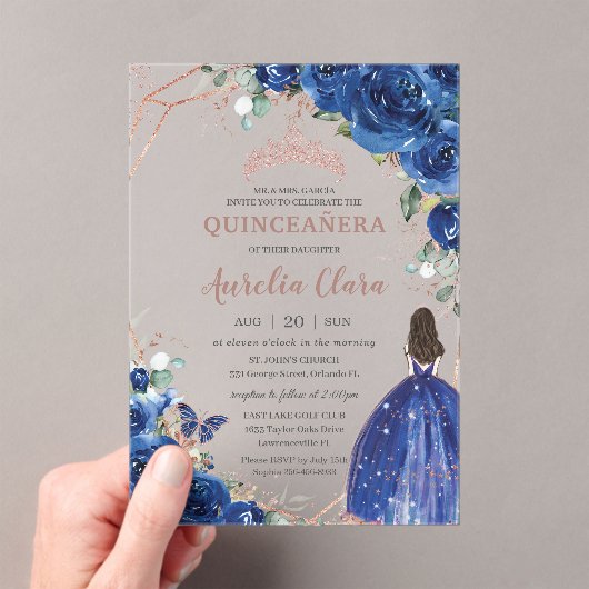 キンセアニラ誕生日王室のブルーフローラプリンセス アクリル招待状 (インサイチュ (ポータブル))