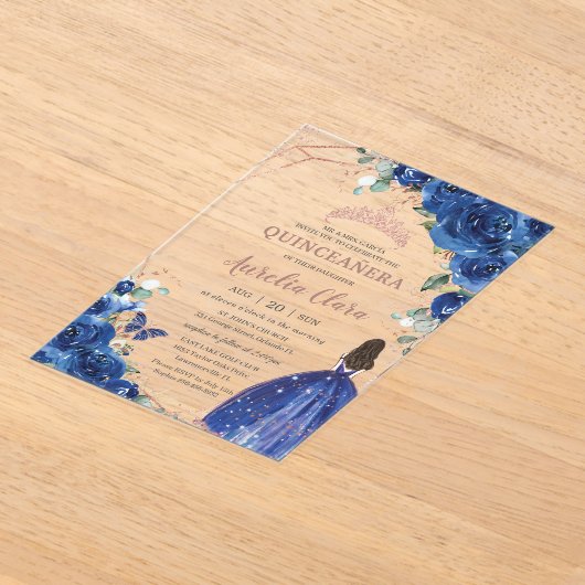 キンセアニラ誕生日王室のブルーフローラプリンセス アクリル招待状 (レイダウン)