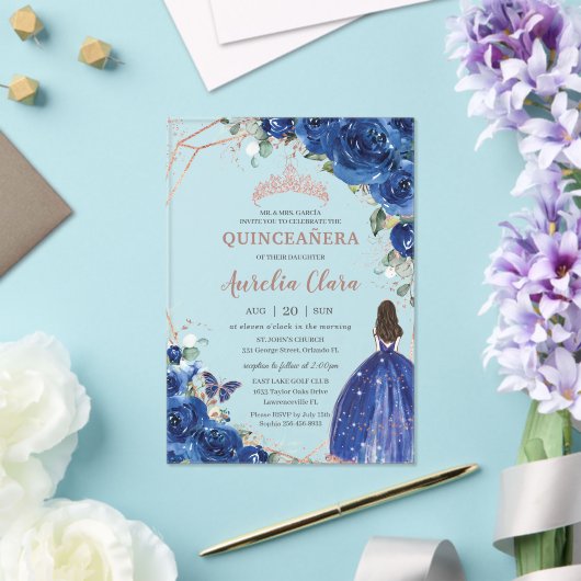 キンセアニラ誕生日王室のブルーフローラプリンセス アクリル招待状 (インサイチュ (ウェディング))
