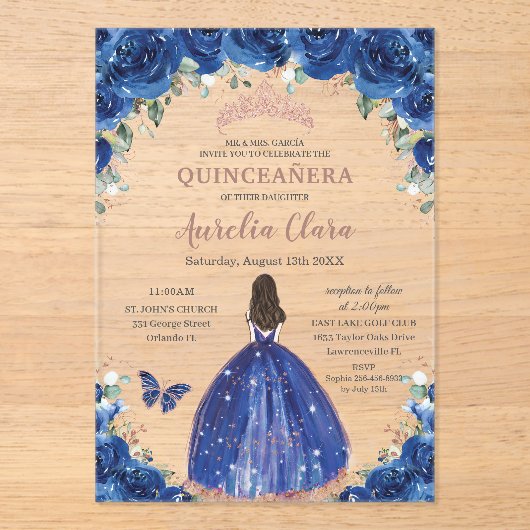 キンセアニラ誕生日王室のブルーフローラプリンセスXV アクリル招待状 (正面)