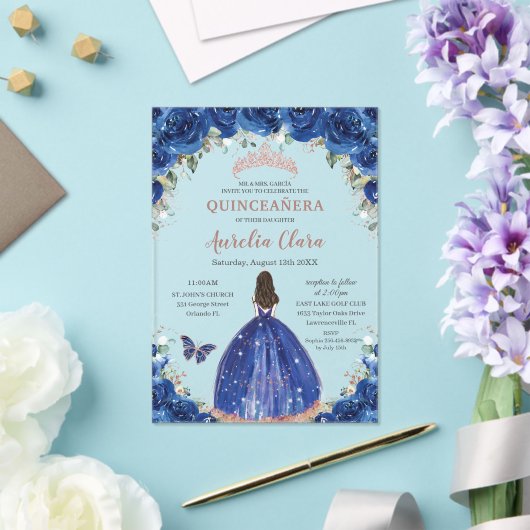 キンセアニラ誕生日王室のブルーフローラプリンセスXV アクリル招待状 (インサイチュ (ウェディング))