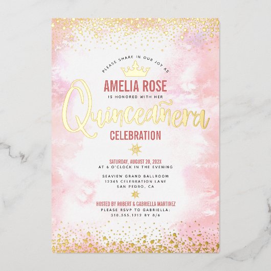 キンセアニラ赤面ピンクウォーターカラークラウン実在金ゴールド 箔招待状 (正面)