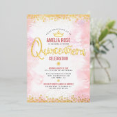 キンセアニラ赤面ピンクウォーターカラークラウン実在金ゴールド 箔招待状 (立ち正面)