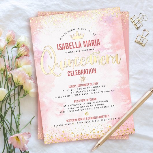 キンセアニラ赤面ピンクウォーターカラークラウン実在金ゴールド 箔招待状