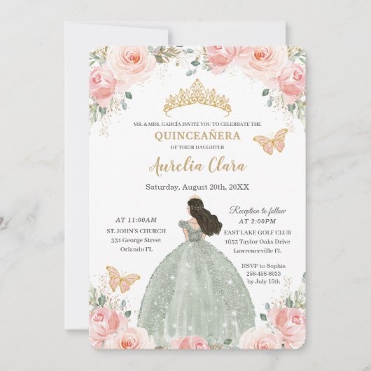 キンセアニラ赤面ピンクフローラセージグリーンドレス 招待状 (正面)